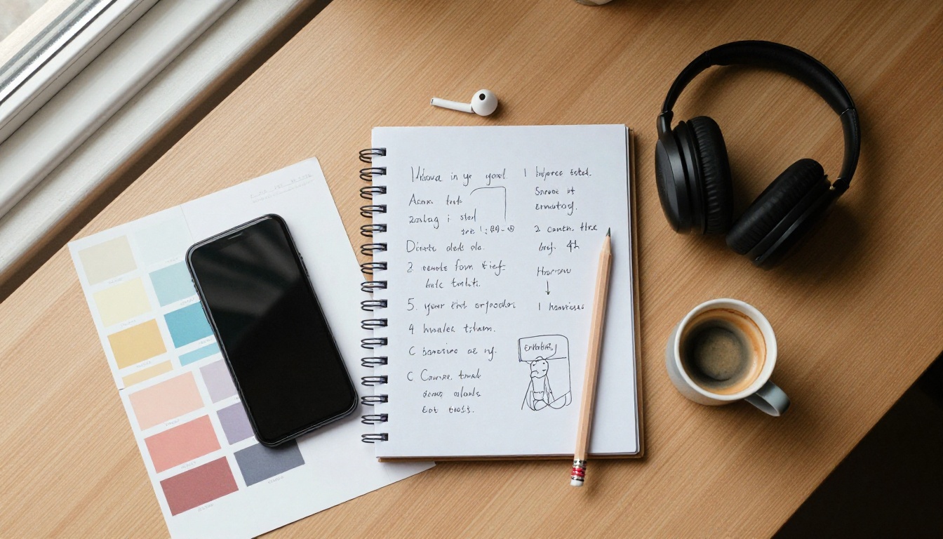 Overhead flat-lay of a creator's workspace with notebook, phone, and earbuds