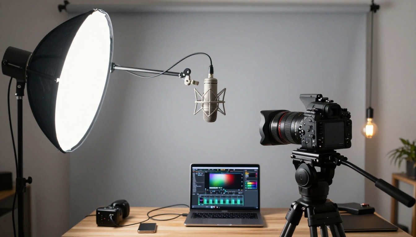 Video production studio setup with ring light, microphone, camera, and laptop