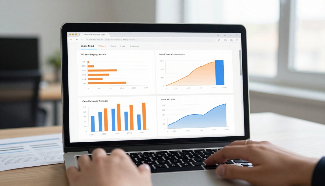 Social media performance dashboard displaying video watch-time charts on a laptop