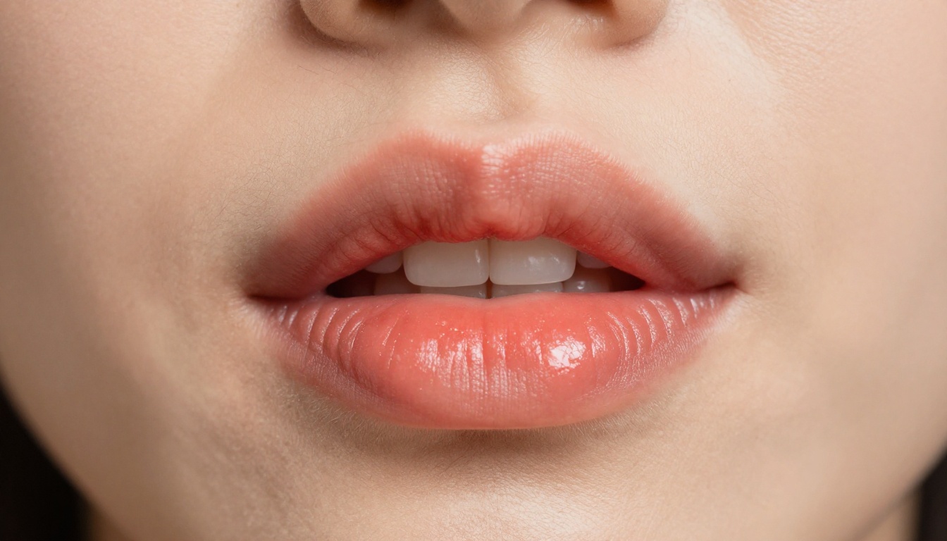 Close-up macro photography of lips forming a vowel sound, coral lip color with moisture sheen, micro-texture of lip skin visible, shot with 100mm macro lens at f/2.8, RAW photography Kodak Portra 400