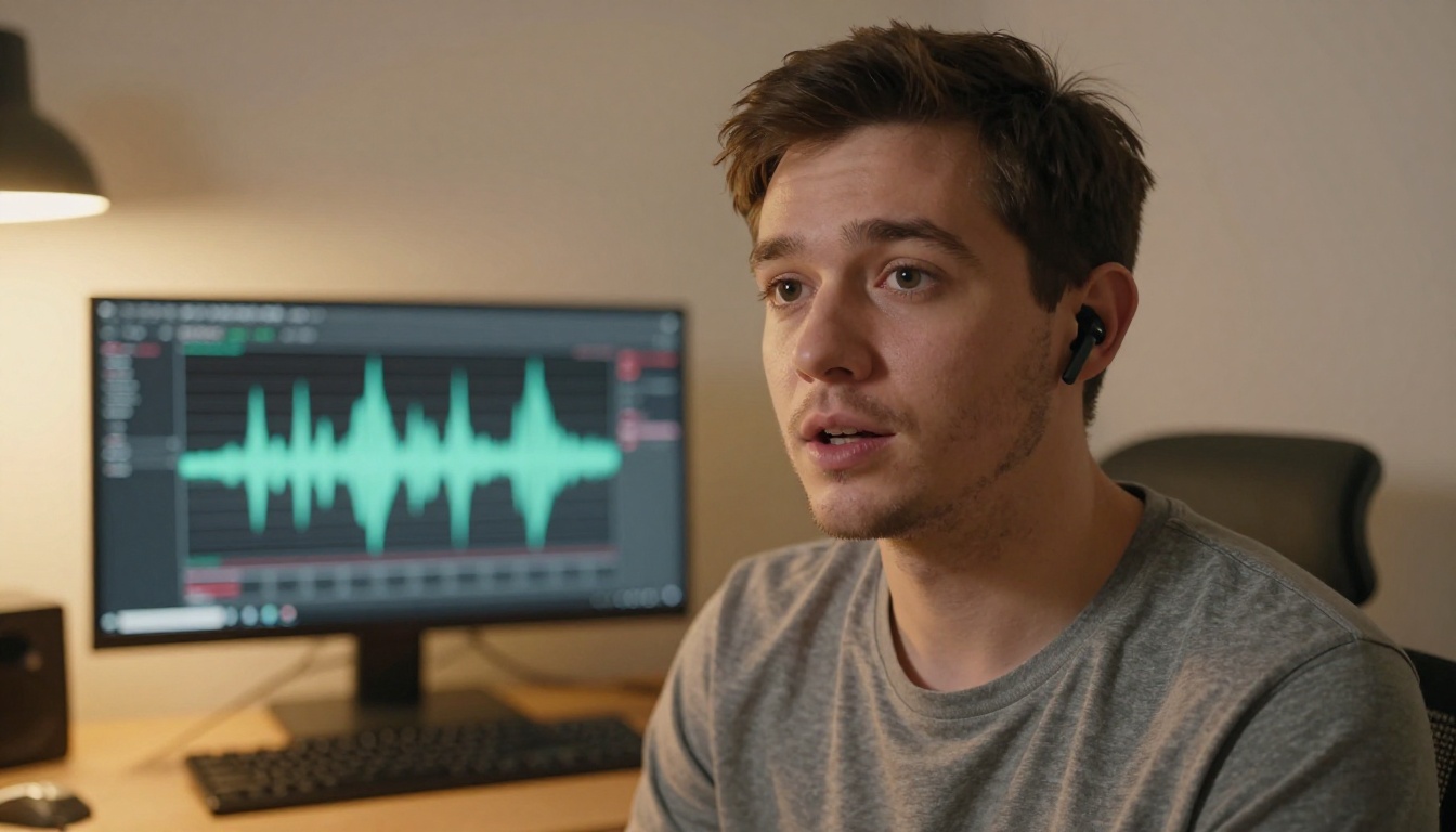A male content creator wearing wireless earbuds records himself speaking directly to camera in a home studio, warm amber desk lamp casting directional light from left, audio waveform visible on blurred monitor behind him, 50mm f/2.0 lens RAW photography 8K