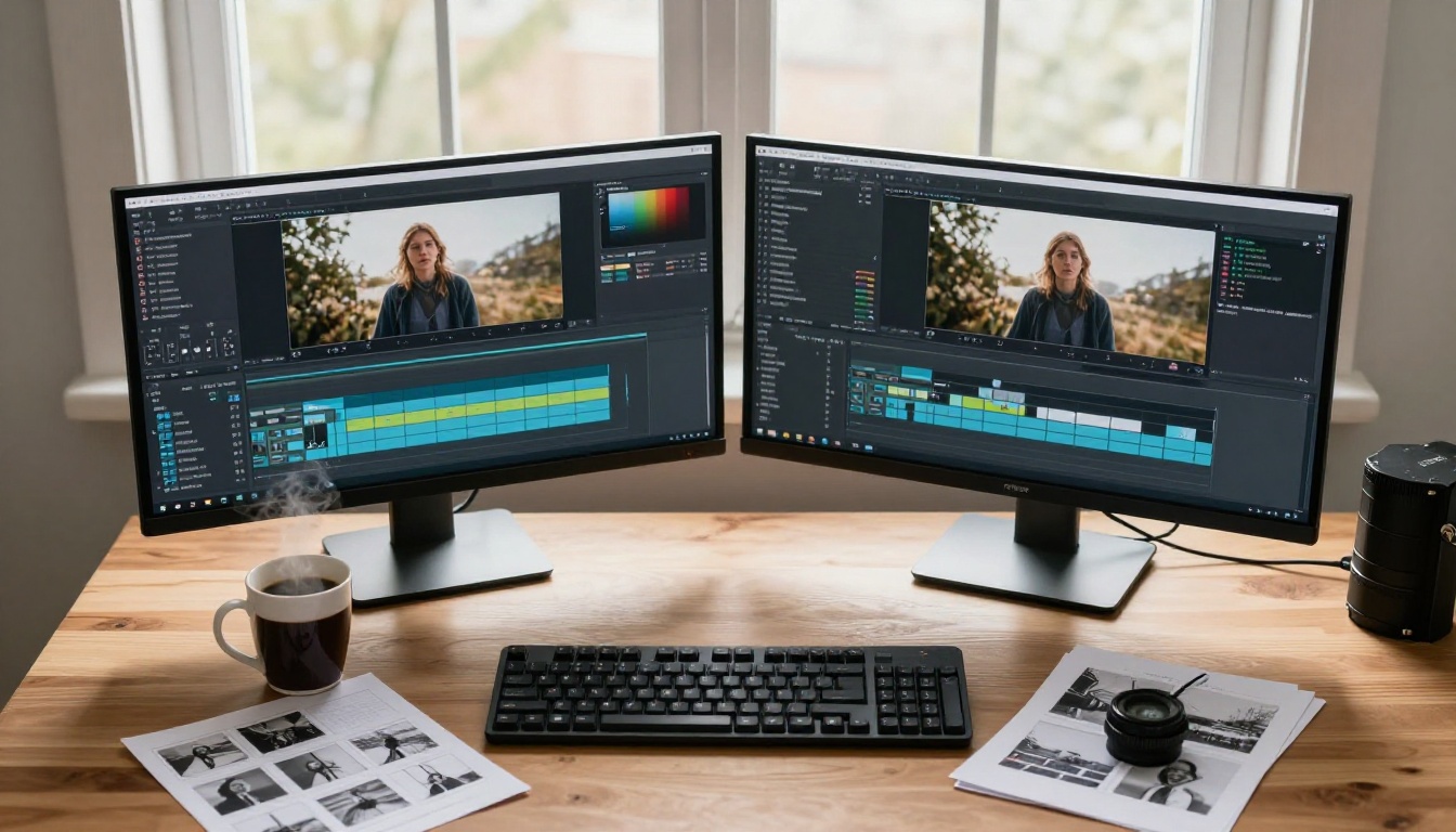 Aerial overhead shot of a filmmaker's workspace with dual monitor setup, scattered storyboard frames on wooden desk, coffee mug with steam, mechanical keyboard, warm morning window light from above, RAW photography 8K resolution