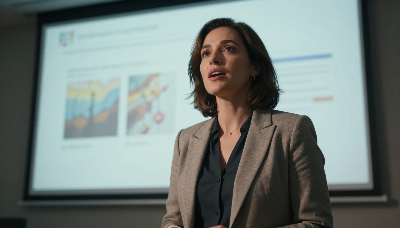 Low angle upward shot of a confident woman in business attire standing in front of a presentation screen, mouth open mid-speech, strong directional overhead lighting creating shadows under cheekbones, 24mm wide angle lens at f/5.6, RAW photography 8K