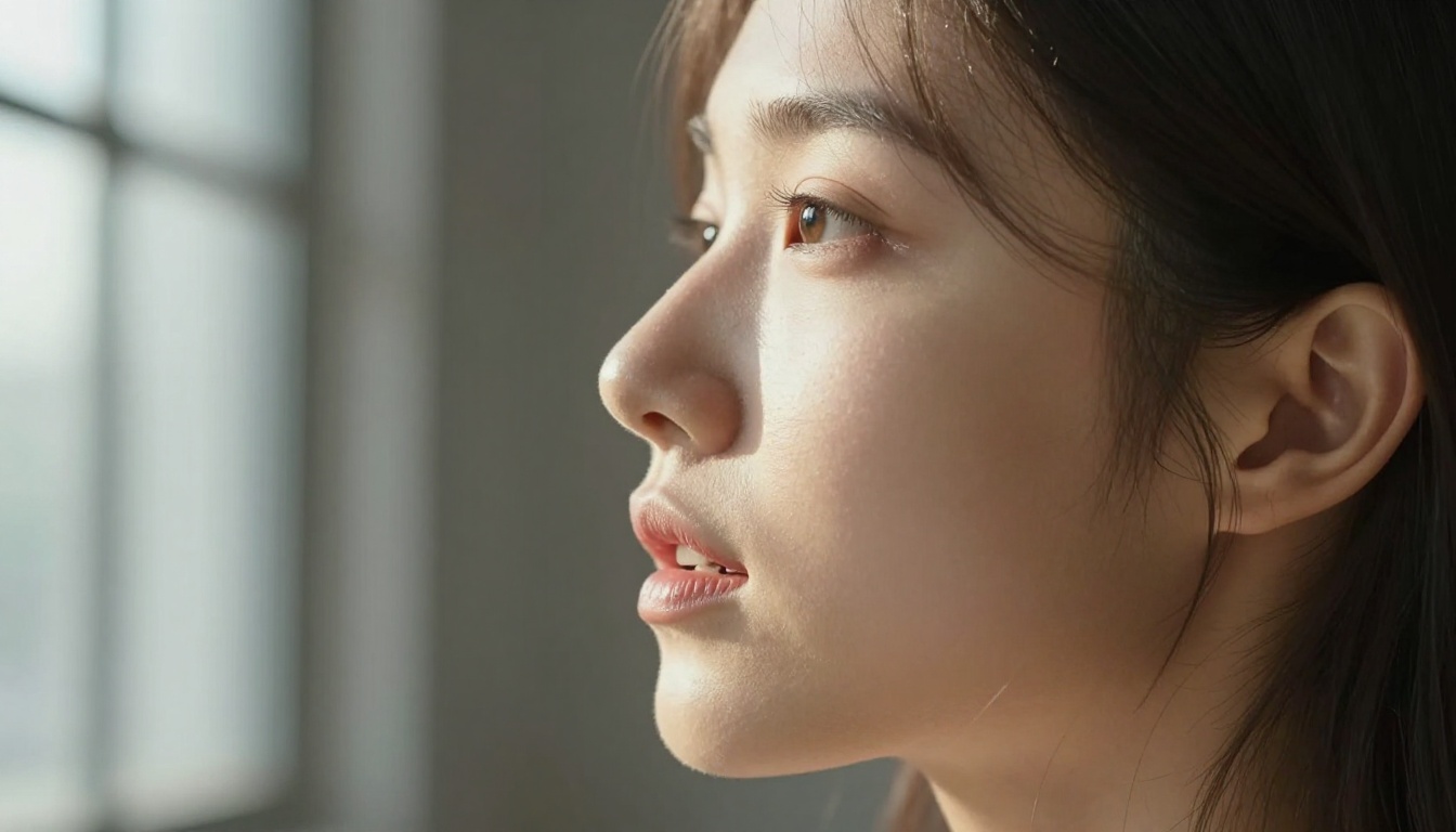 Side profile close-up of a young woman's face from ear to nose tip, lips parted in natural speech motion, volumetric afternoon light from a window on the left casting soft golden rays across her jaw, 135mm telephoto lens at f/2.0, RAW photography Kodak Portra 400 8K