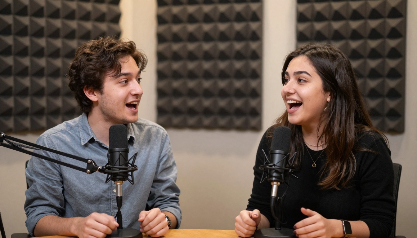 Two people sitting in a podcast recording booth with microphones, one speaking expressively with animated open-mouth facial expression, acoustic foam panels softly blurred in background, tungsten warm studio lighting from above, 85mm lens at f/2.8, RAW photography 8K