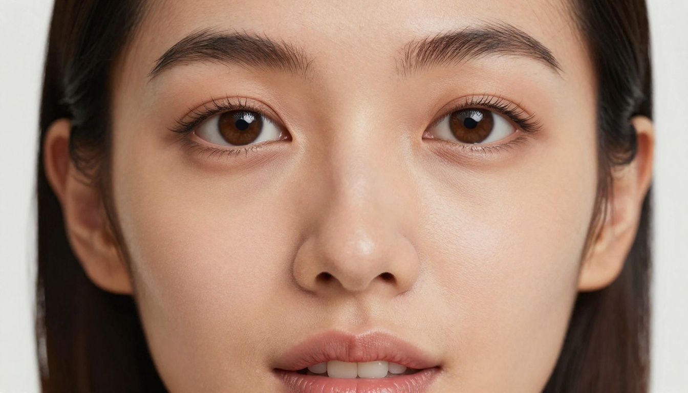 Close-up frontal portrait of a woman with natural makeup, brown eyes making direct camera contact, lips forming a consonant sound with teeth barely visible, professional soft box beauty lighting with catchlights in pupils, 85mm portrait lens at f/1.8, RAW photography Kodak Portra 400 film grain 8K