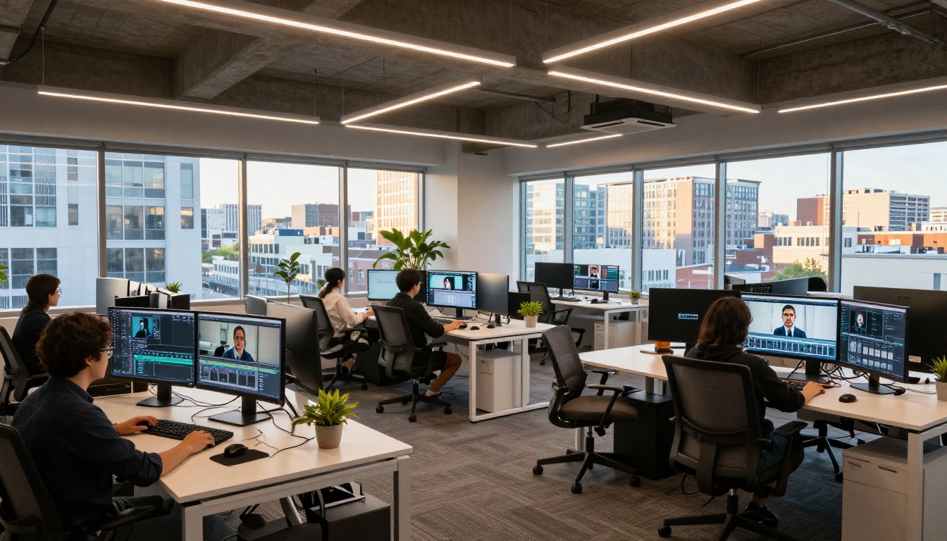 A modern video production agency office with multiple editors at curved monitor workstations, large windows with golden hour light streaming in, open floor plan with exposed concrete ceiling, 24mm lens f/8 deep focus, RAW photography 8K