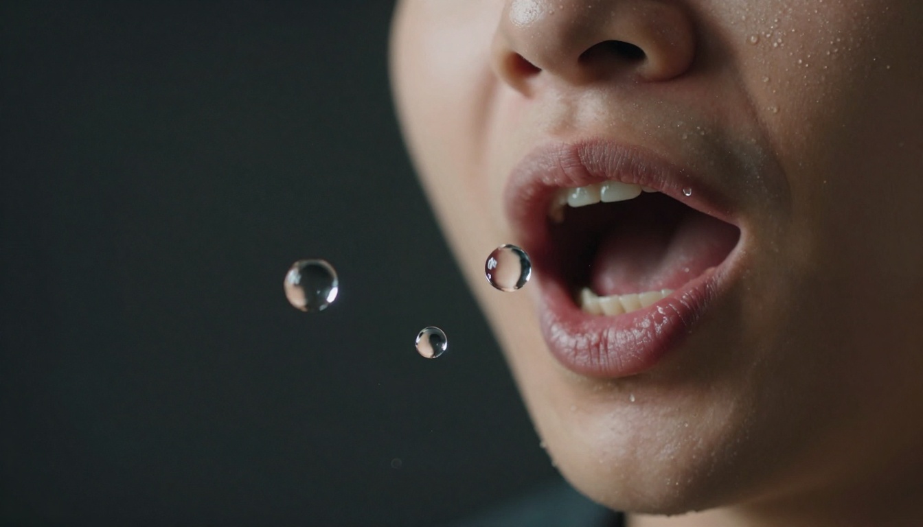 Macro photograph of water droplets from a speaker's mouth caught mid-air during enthusiastic speech, individual droplet spheres with internal reflections visible, dark studio background with rim lighting from behind, extreme macro 200mm lens at f/4, photorealistic RAW photography 8K resolution
