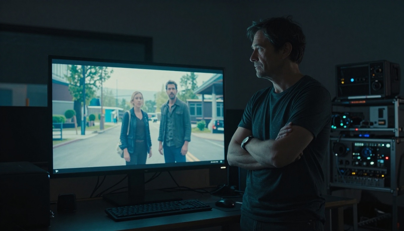 Film director reviewing AI-generated video in a post-production studio