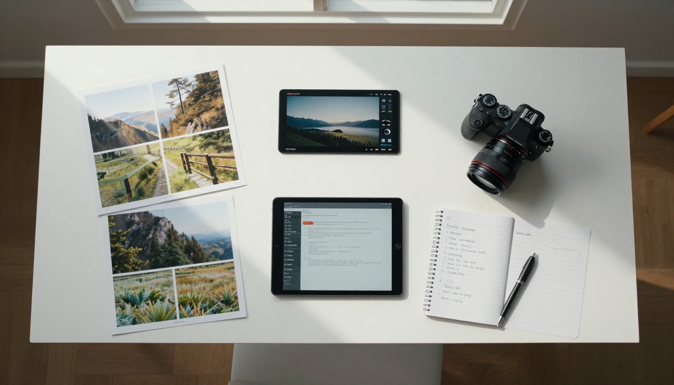 Photographer reviewing reference photos in an overhead flat-lay composition