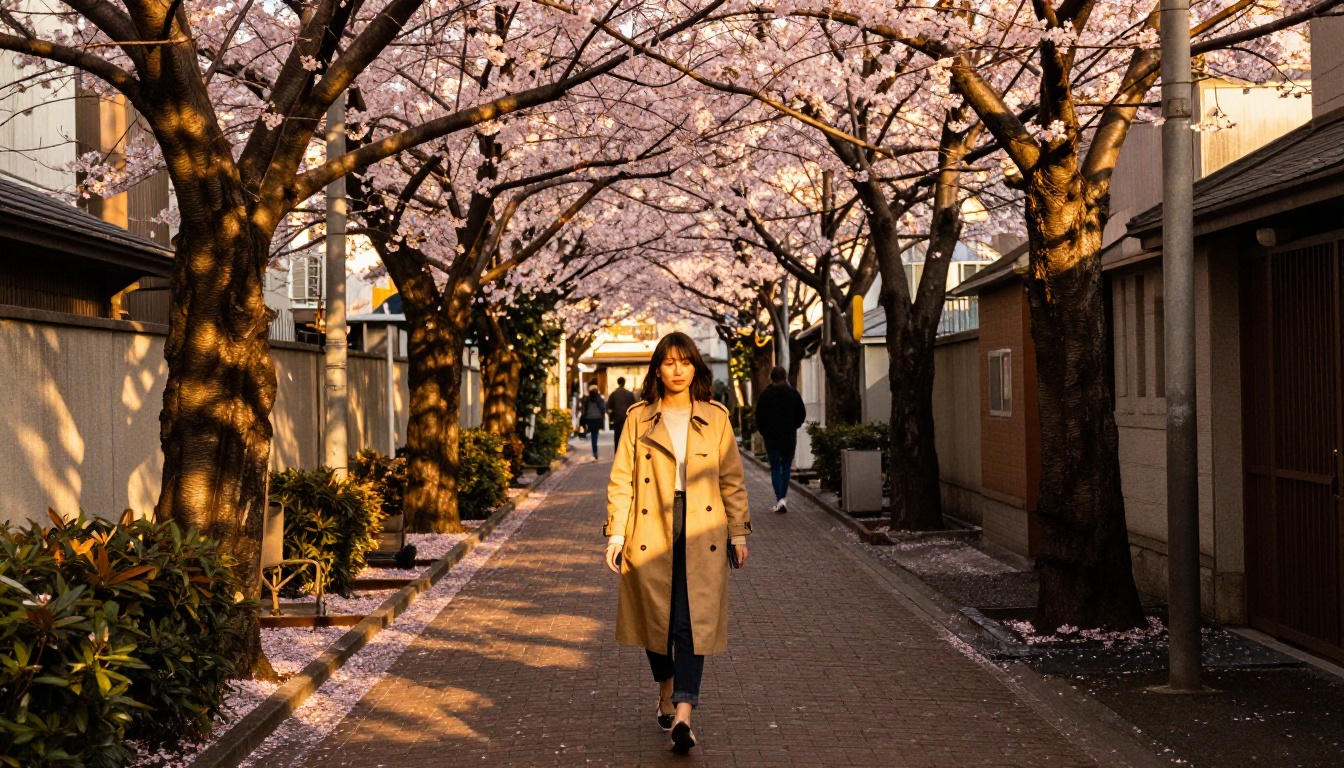 Street photography in a Tokyo cherry blossom alley representing ideal AI video input photos