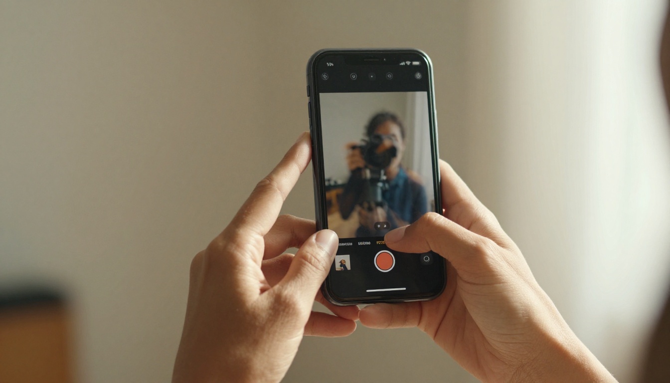 Hands holding smartphone showing vertical Reels interface with cinematic motion blur trails
