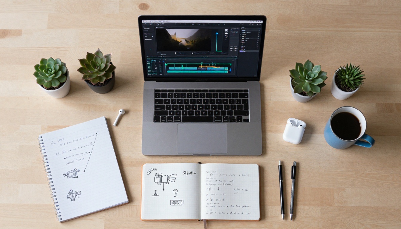 Filmmaker's overhead workspace with MacBook showing motion path curves in video editor