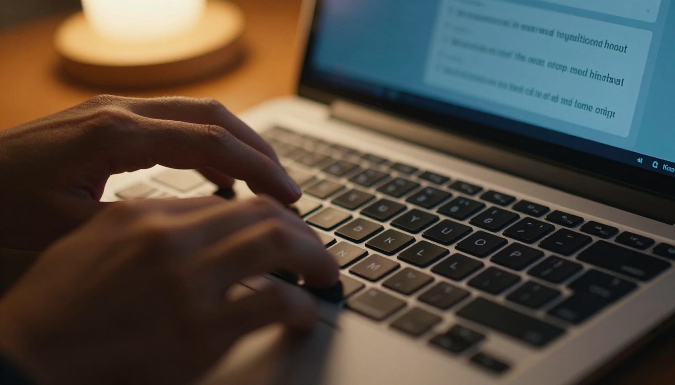 Typing a text prompt into an AI video generation interface on a laptop