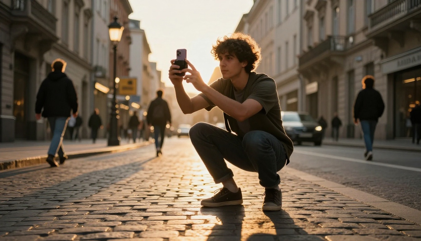 Low-angle urban street shot of a content creator filming an Instagram Reel during golden hour