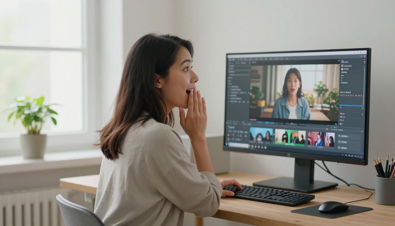 Content creator watching AI-generated video with genuine amazement