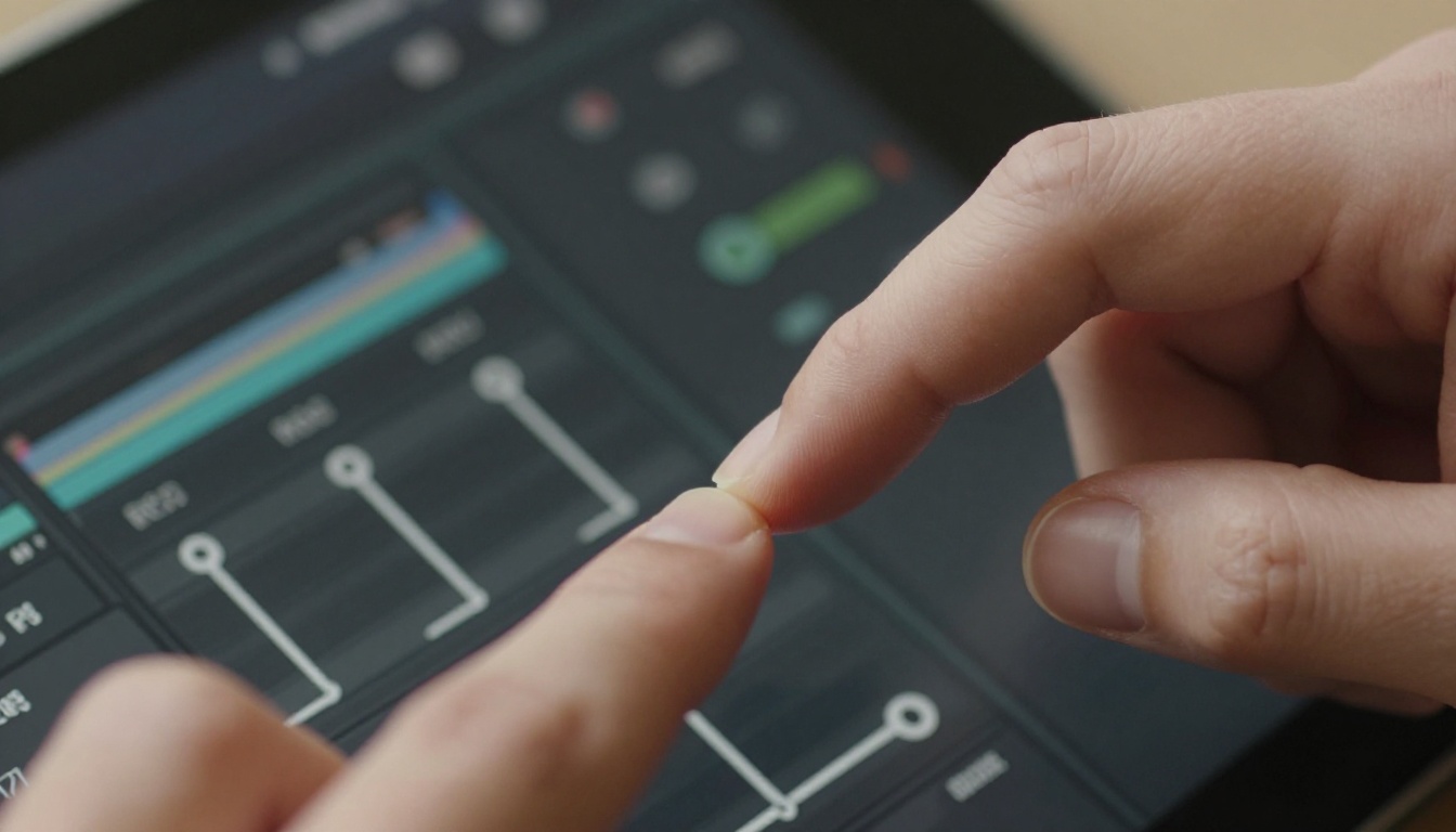 Close-up of hands manipulating bezier curve motion control handles on a tablet touchscreen