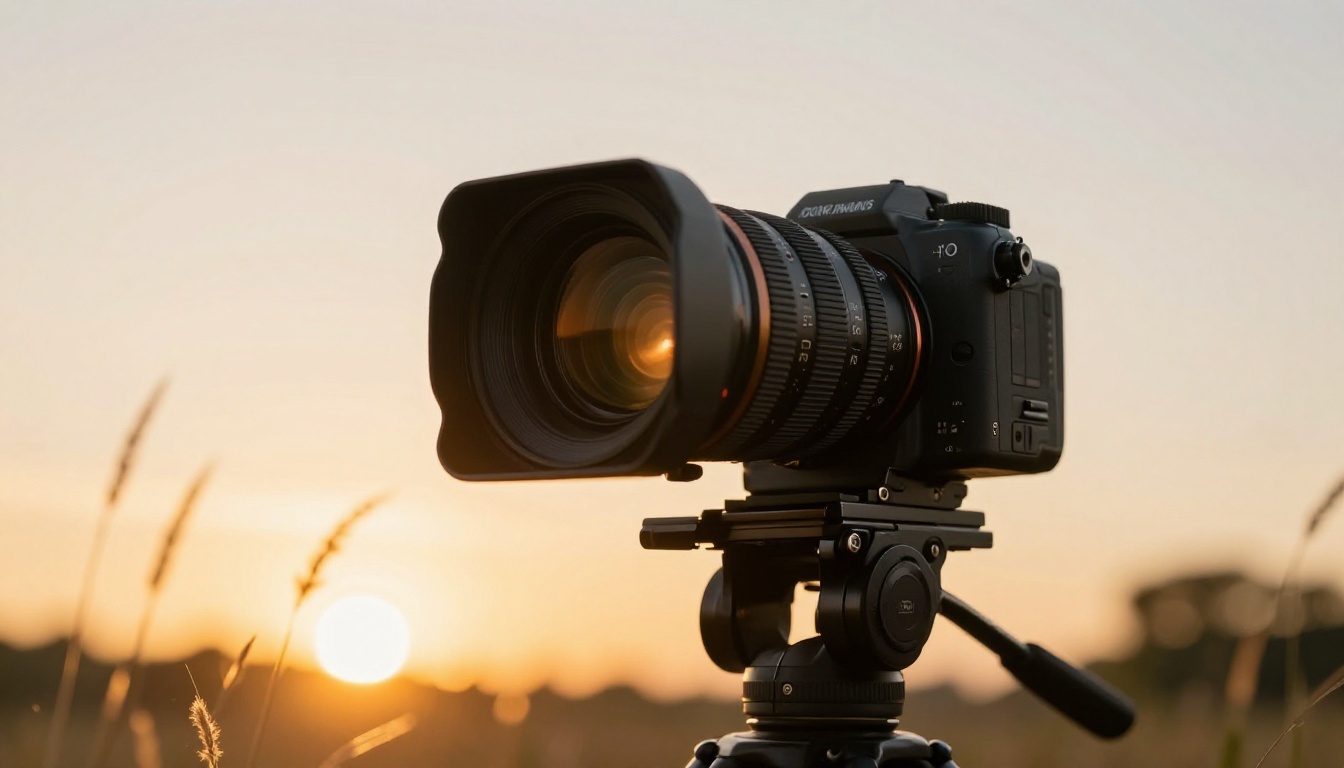 Professional cinema camera on tripod at golden hour sunset