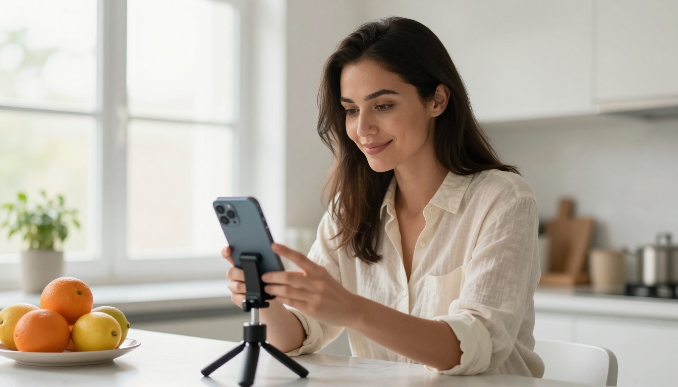 Content creator setting up smartphone on tripod in a bright modern kitchen with marble countertops