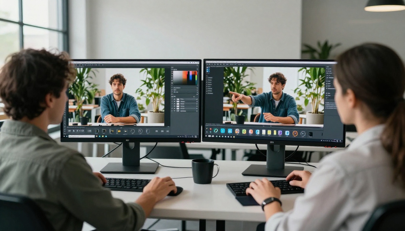 Two creative professionals comparing an original photo and AI-generated video output side by side