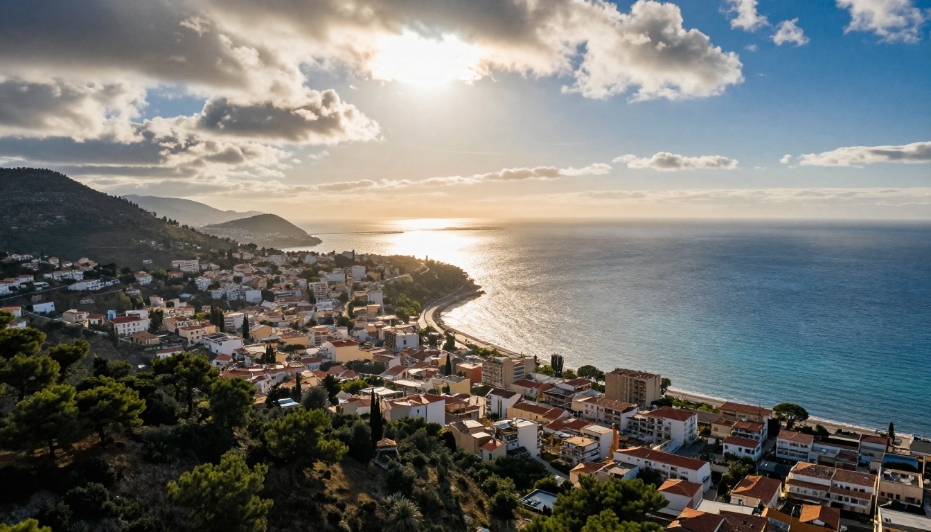 Aerial drone photography of a Mediterranean coastal city during early morning golden hour light