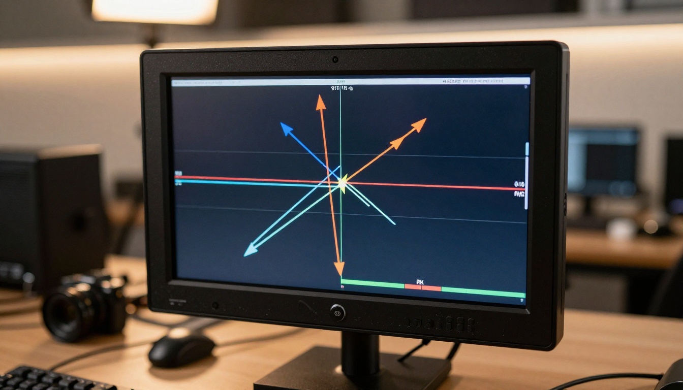 Professional video monitor in edit suite showing vertical frame with motion path vectors overlaid