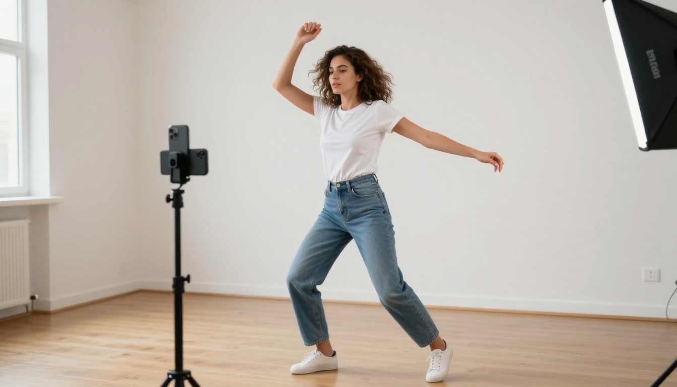 Woman recording herself dancing in a minimalist home studio with ring light and smartphone gimbal