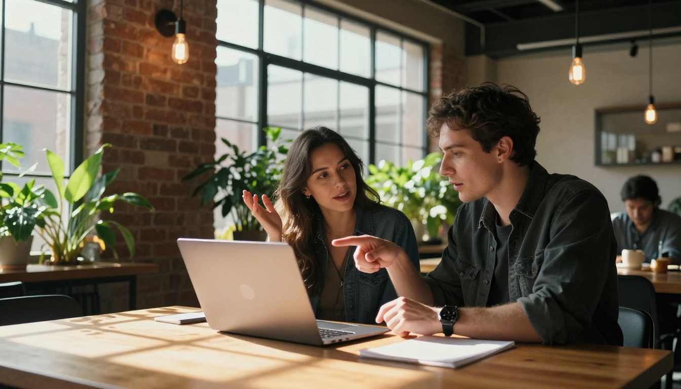 Two content creators collaborating over a laptop in a stylish co-working space with exposed brick walls