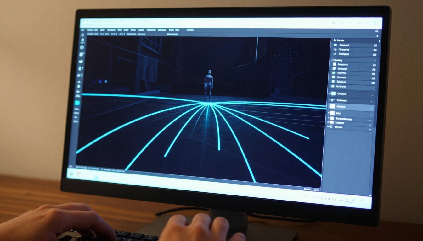 AI motion control interface showing smooth camera path trajectories over a cinematic scene