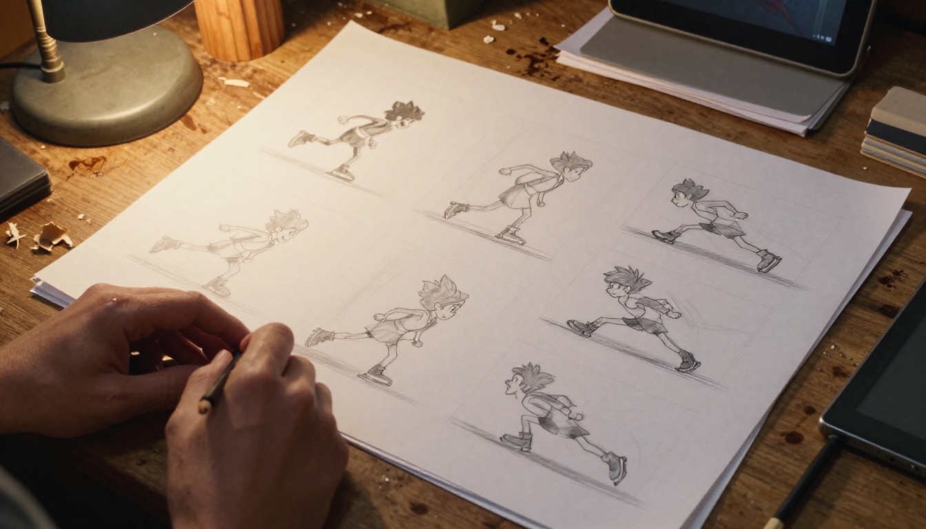 Traditional animation desk with hand-drawn keyframe sequences on a light table