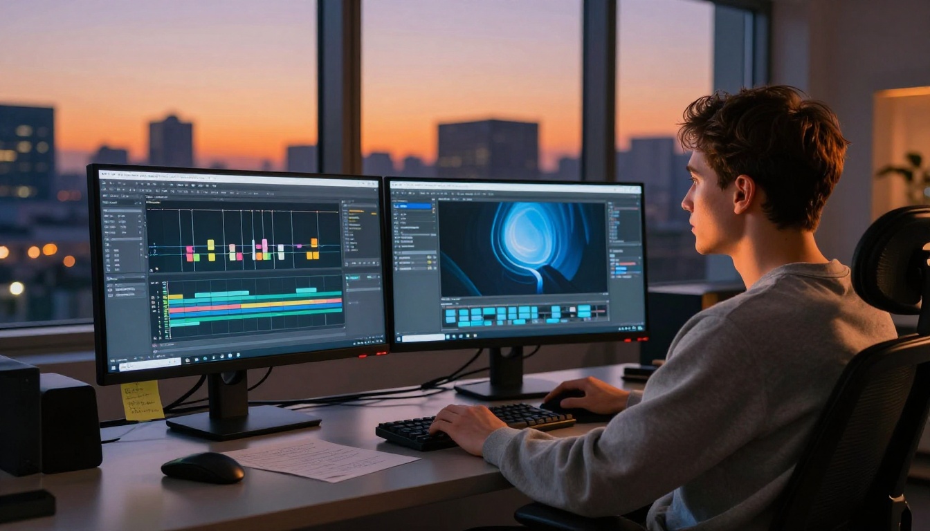 Male animator at dual monitors comparing AI video output with traditional keyframe animation software at dusk