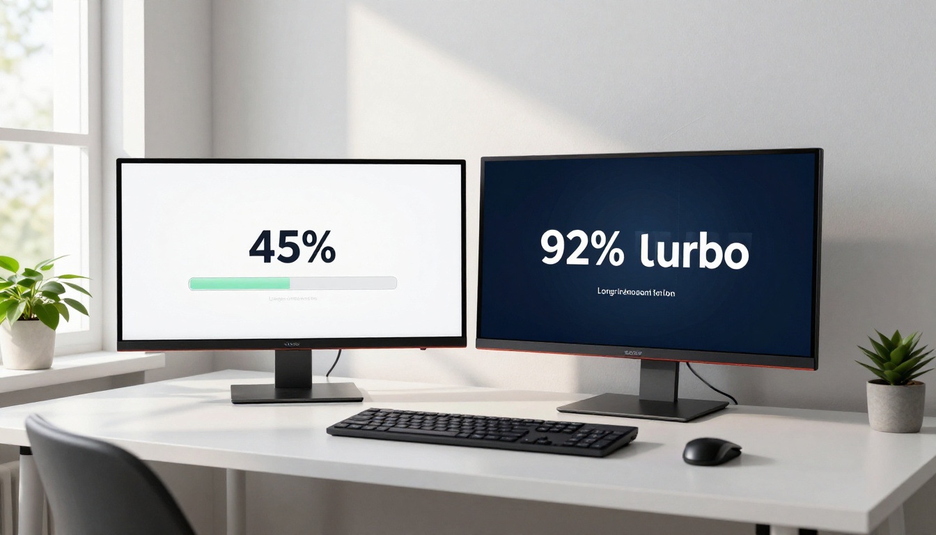 Two monitors side by side comparing AI video generation speeds Two monitors side by side comparing AI video generation speeds