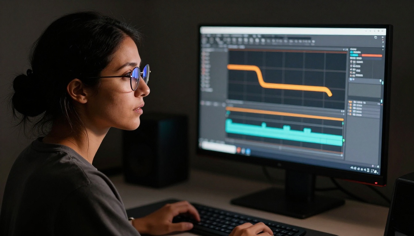 Female motion designer focused on the curve editor with S-curve keyframe handles