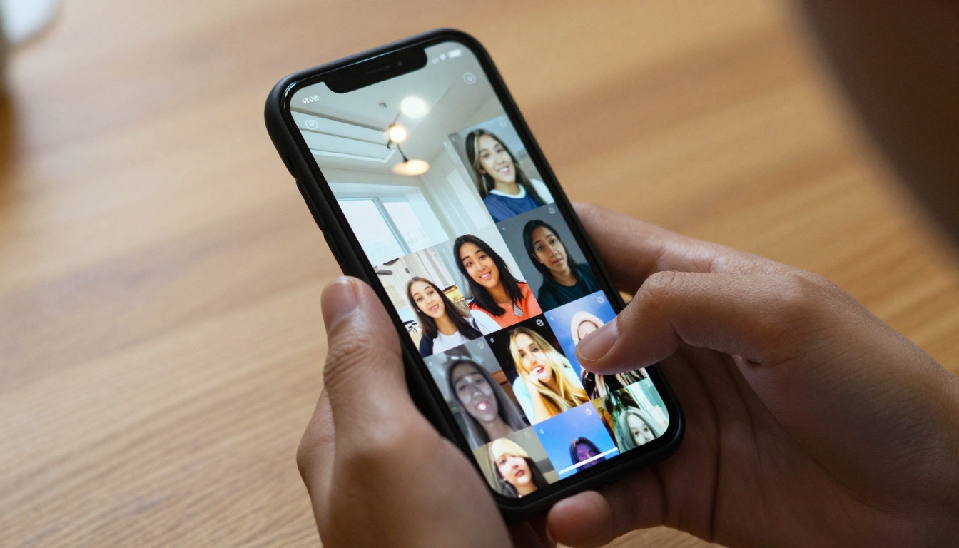 Hands holding a smartphone displaying vertical AI video thumbnails in 9:16 format Hands holding a smartphone displaying vertical AI video thumbnails in 9:16 format