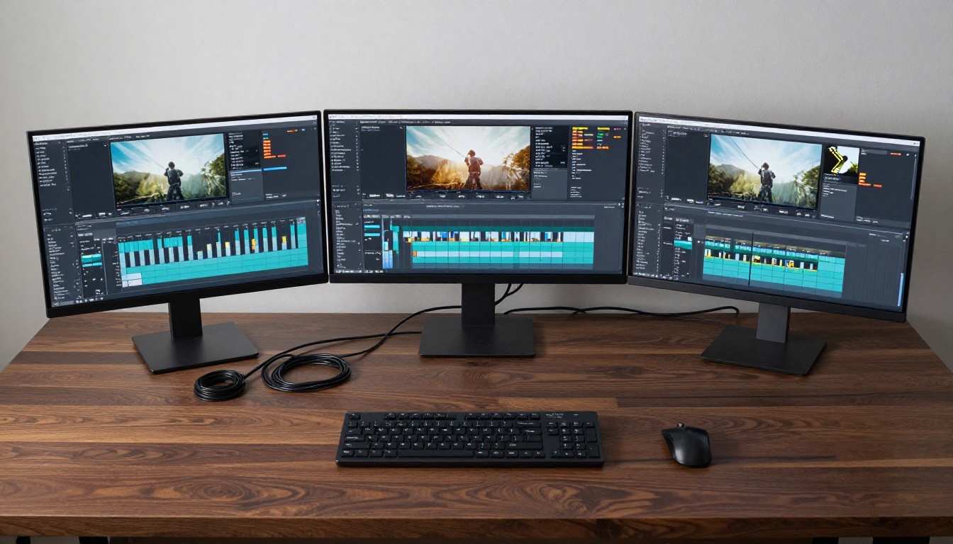 Aerial overhead view of a professional video editing workstation with multiple monitors showing timelines Aerial overhead view of a professional video editing workstation with multiple monitors showing timelines
