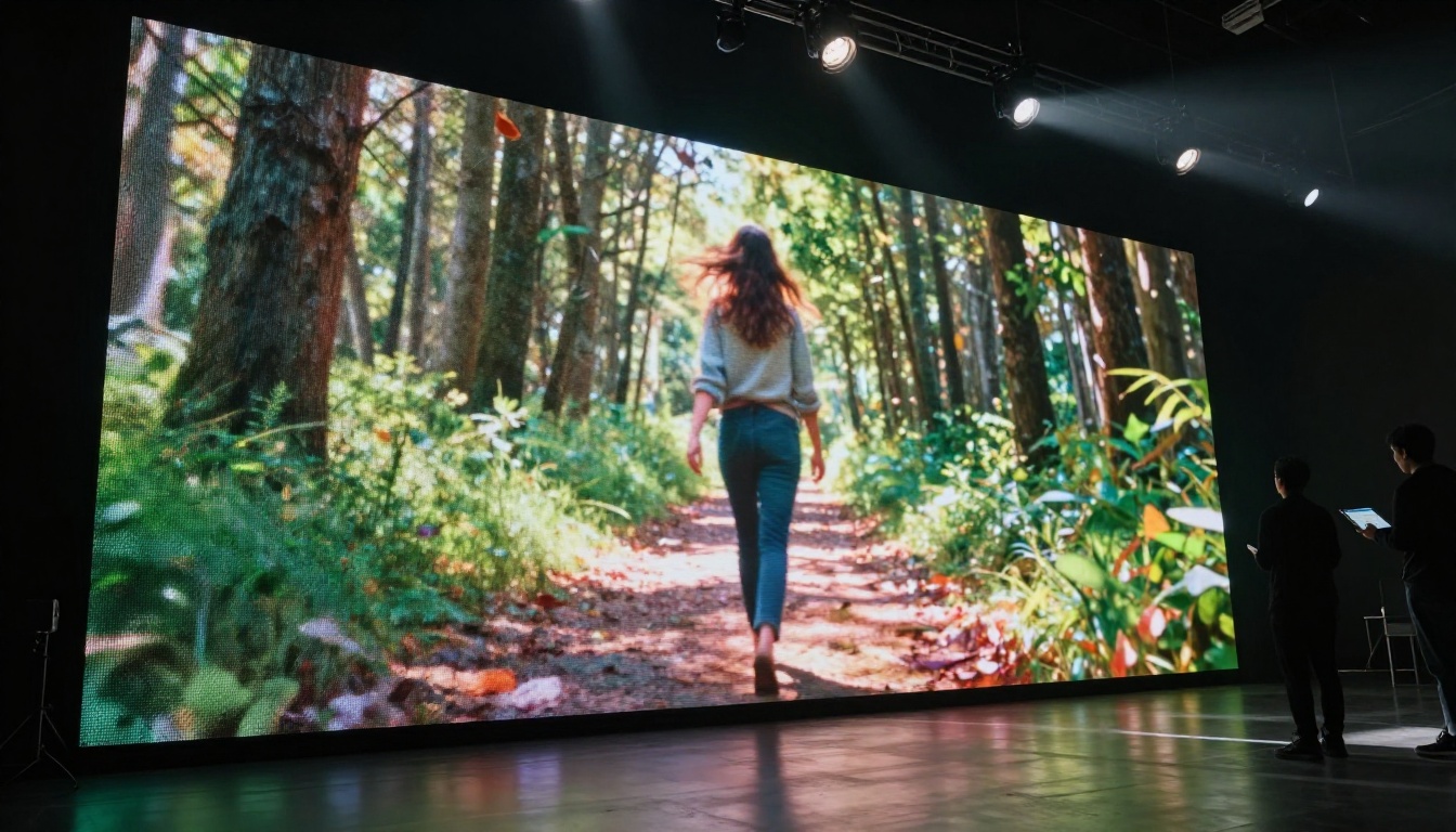LED wall in professional studio showing photorealistic AI-generated video with volumetric light shafts