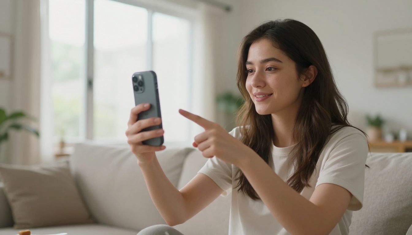 Young woman content creator filming a YouTube Short in a bright minimalist apartment with floor-to-ceiling windows Young woman content creator filming a YouTube Short in a bright minimalist apartment with floor-to-ceiling windows