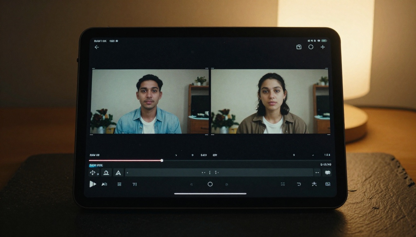 Tablet screen displaying a side-by-side comparison of two AI-generated video frames showing different quality levels Tablet screen displaying a side-by-side comparison of two AI-generated video frames showing different quality levels
