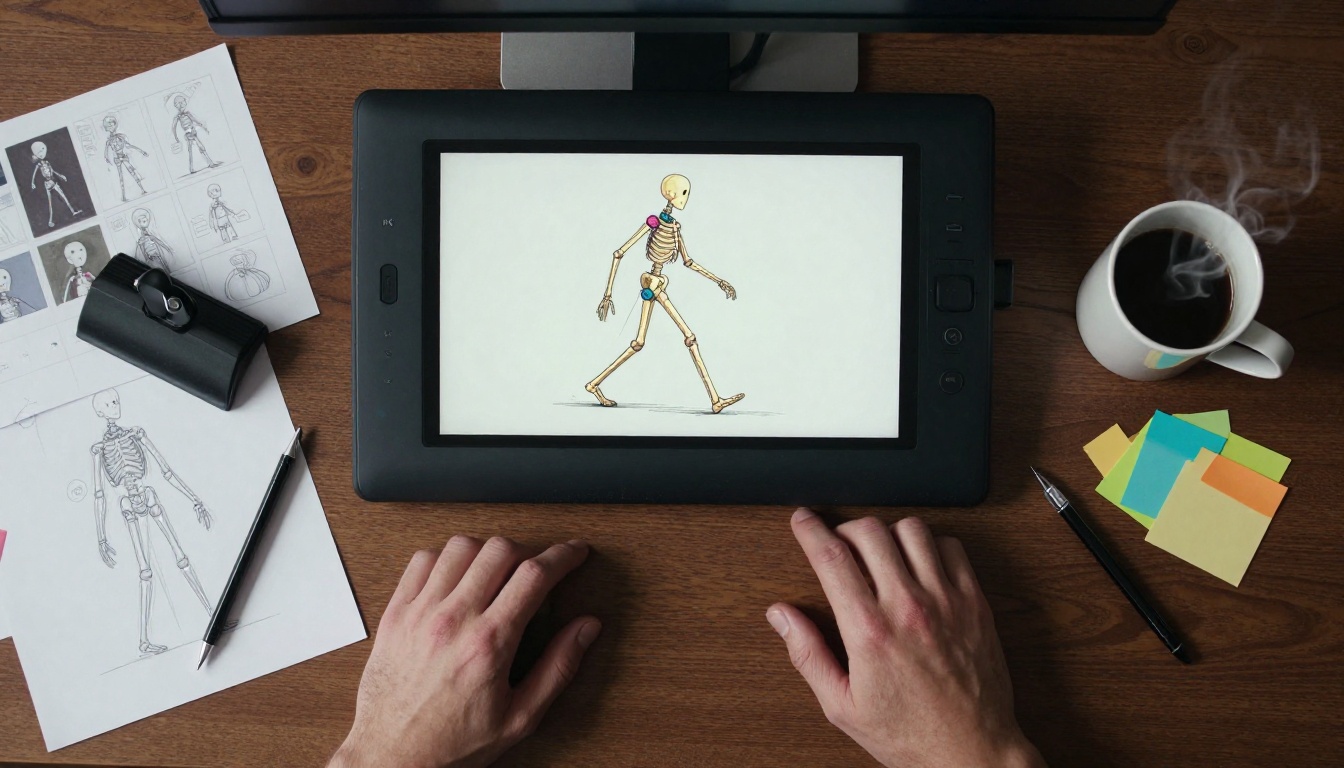 Character pose rig on animation workstation with IK handles and reference sketches overhead