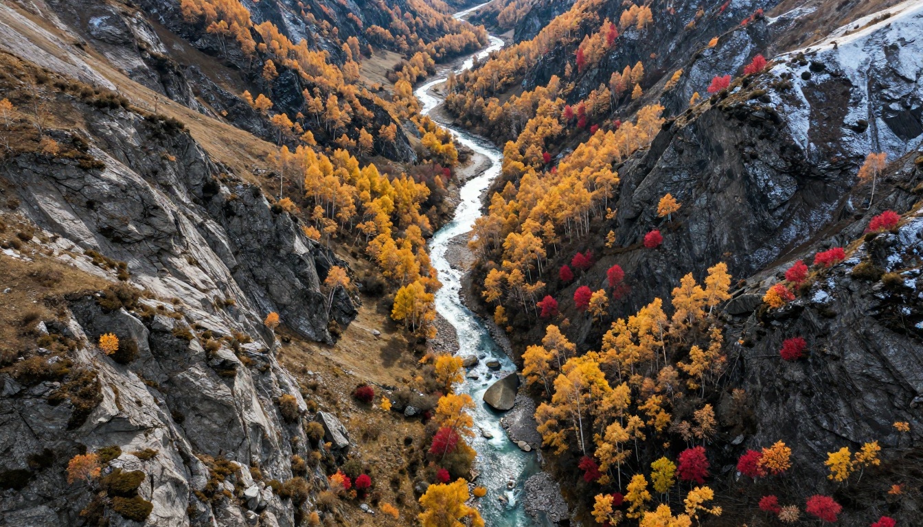Sweeping aerial view of a pristine alpine valley in autumn with glacial river and granite mountain ridges