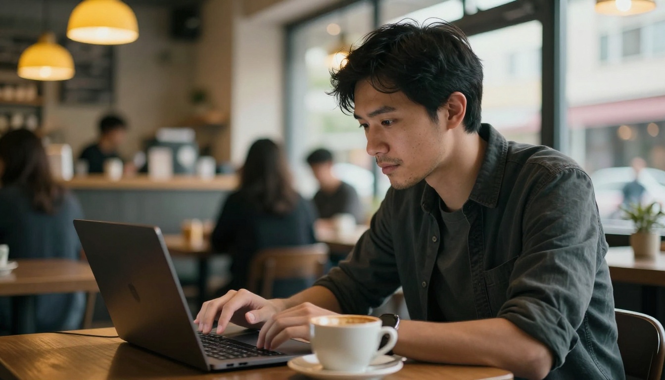 Male content creator reviewing short-form video clips on a laptop in a coffee shop with ambient warm lighting Male content creator reviewing short-form video clips on a laptop in a coffee shop with ambient warm lighting