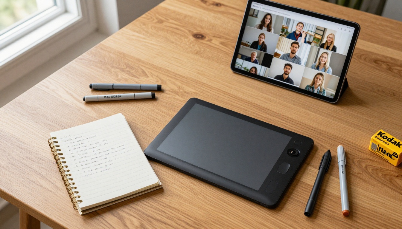 Creative workspace flat lay on a warm oak table with pen tablet, notebook, and a tablet showing vertical video frames Creative workspace flat lay on a warm oak table with pen tablet, notebook, and a tablet showing vertical video frames