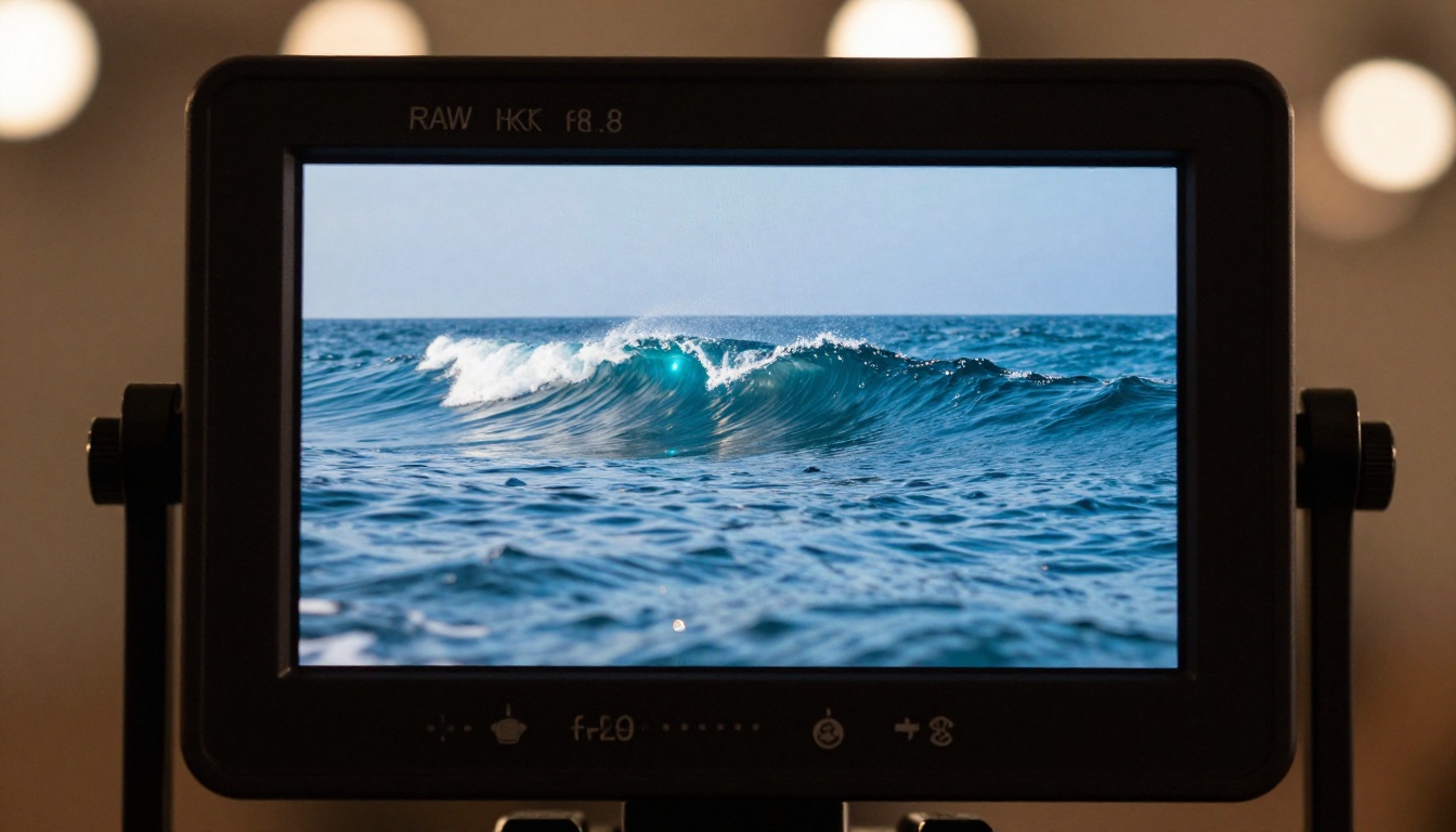 Cinema monitor macro with razor-sharp 4K video frame of ocean waves and prismatic light reflections on glass