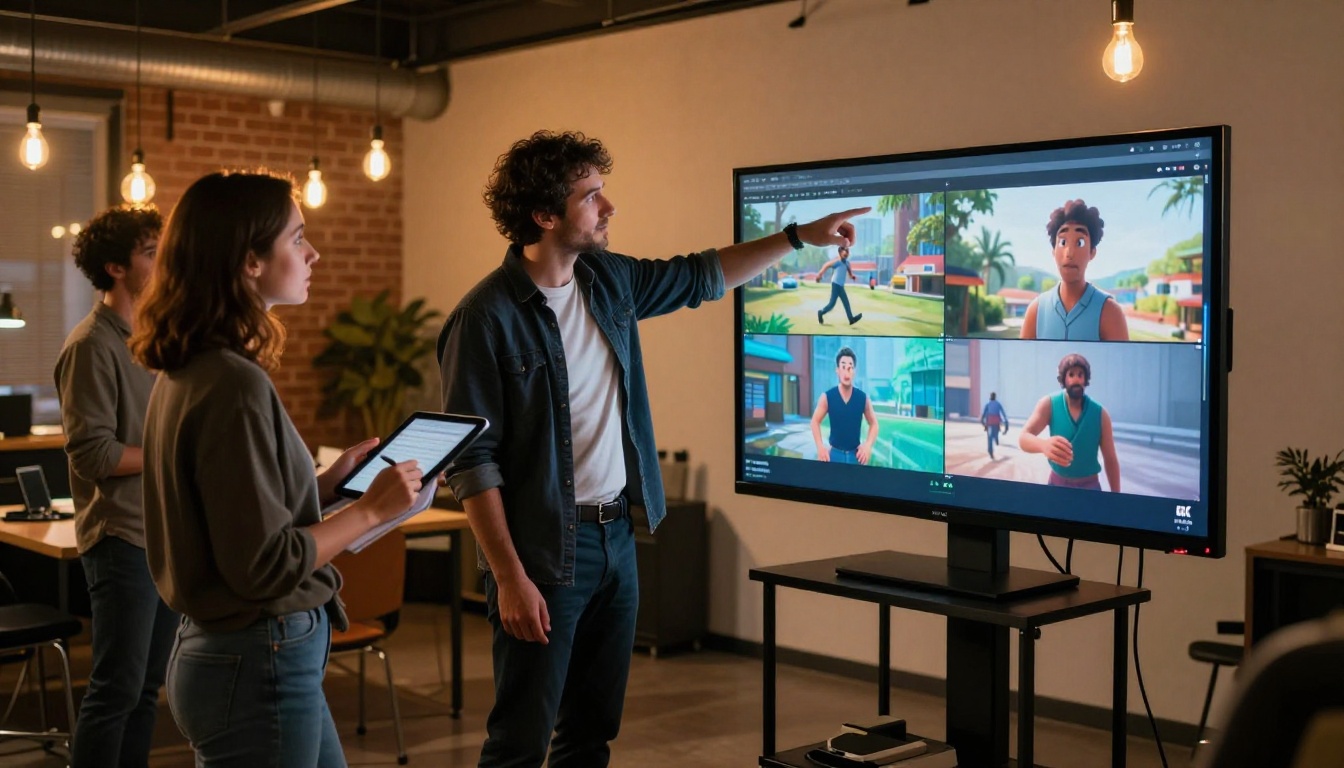 Production team reviewing AI motion video side-by-side with traditional animation on a reference monitor