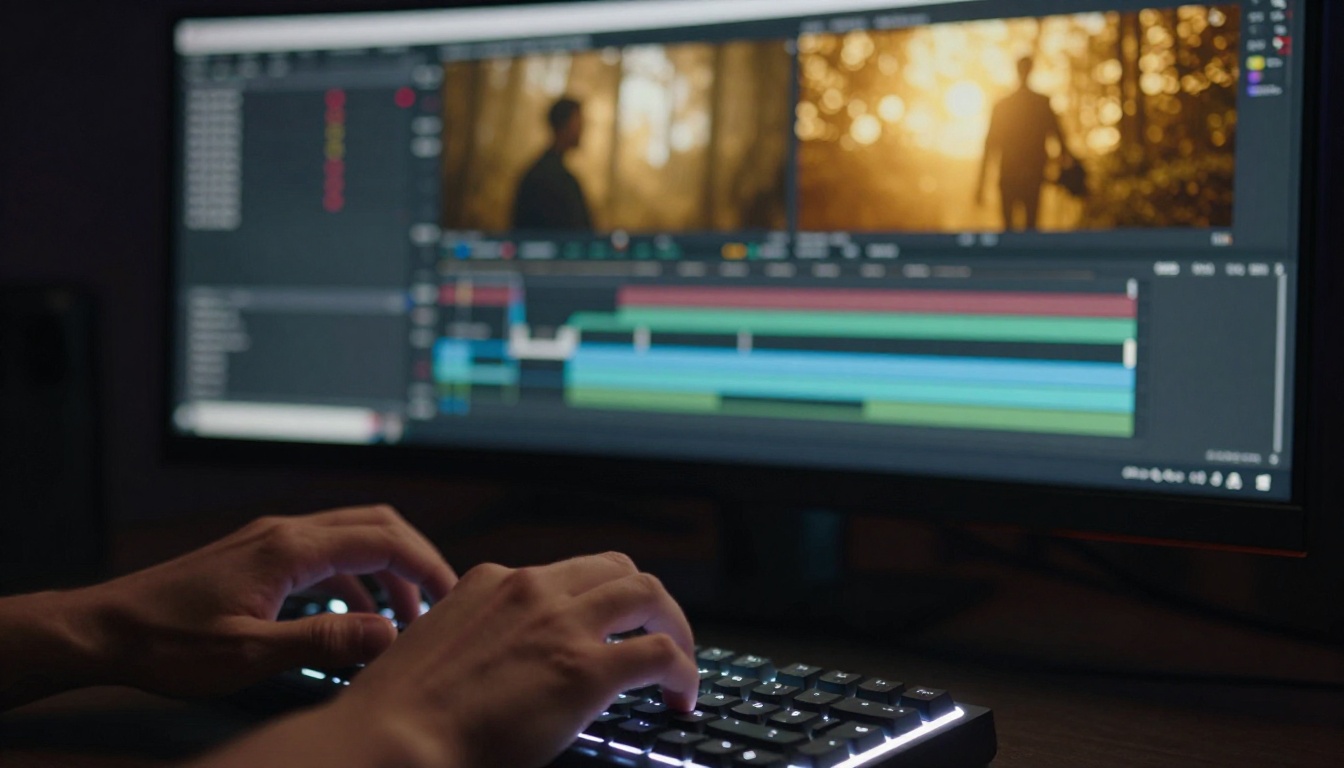 Professional video editor's hands on a keyboard in a dark edit suite Professional video editor's hands on a keyboard in a dark edit suite