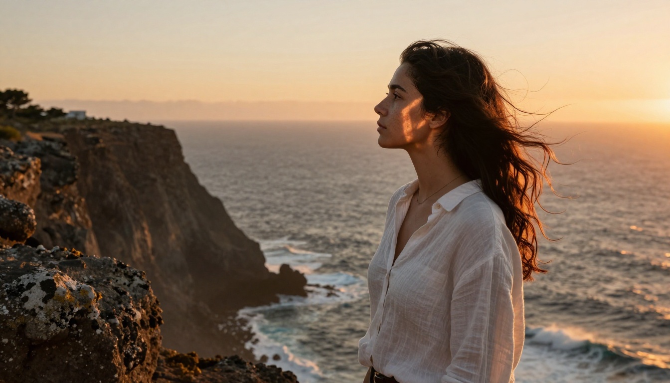 Young woman on coastal cliff at golden hour with natural rim lighting and shallow depth of field ocean bokeh