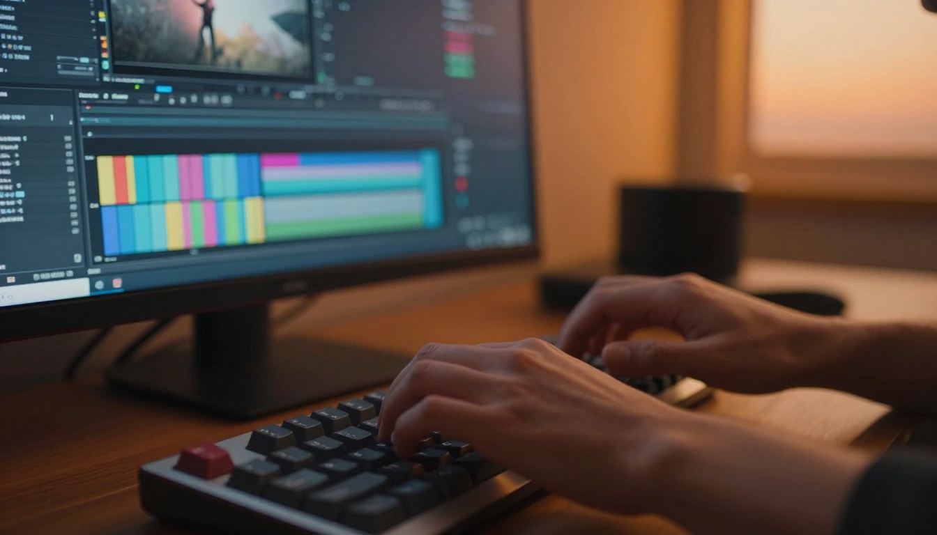 Person typing on a mechanical keyboard at dusk with a video editing timeline glowing on the monitor behind them Person typing on a mechanical keyboard at dusk with a video editing timeline glowing on the monitor behind them