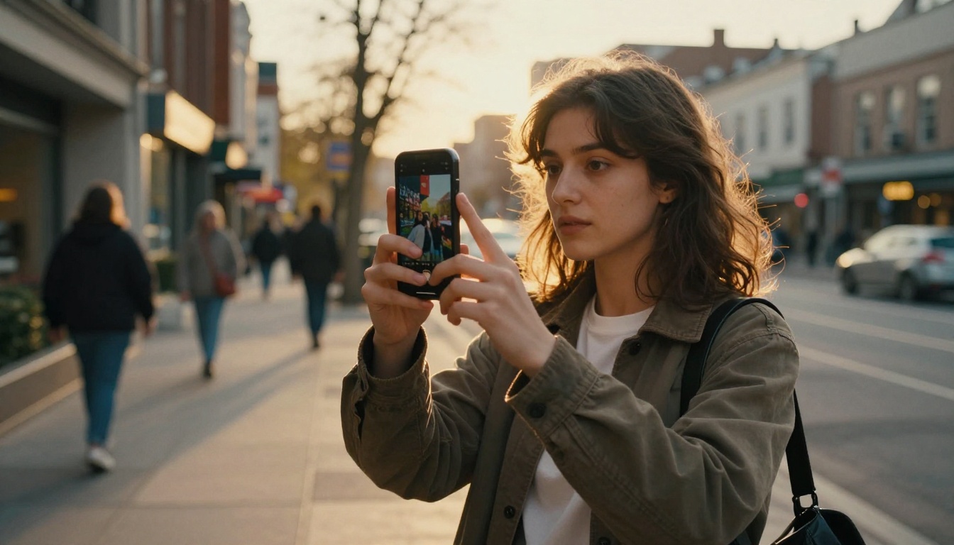Young woman in urban clothing holding up her smartphone showing a vertical video on screen at golden hour on a city sidewalk Young woman in urban clothing holding up her smartphone showing a vertical video on screen at golden hour on a city sidewalk
