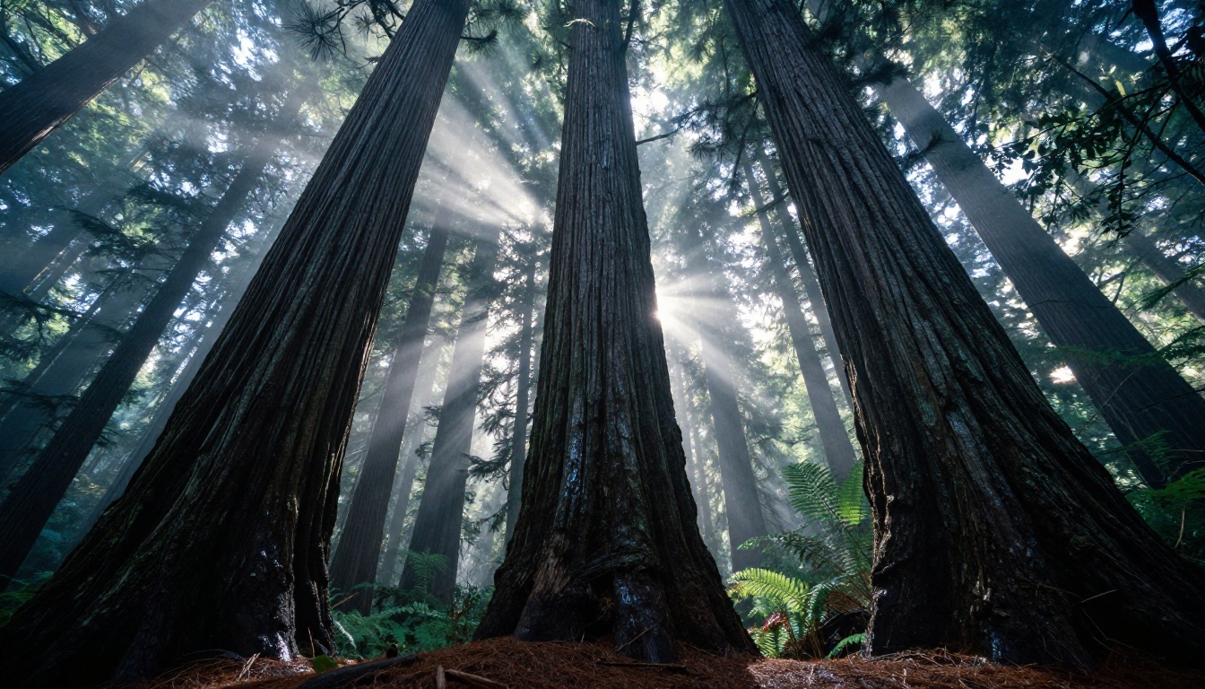 Low-angle ground shot through old-growth redwood forest with dramatic shafts of volumetric afternoon light and visible dust motes