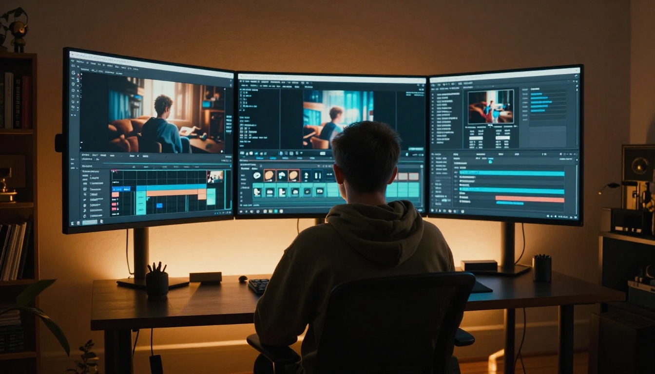 Solo creator at ultrawide monitor setup with AI video output and animation software glowing in a dim studio